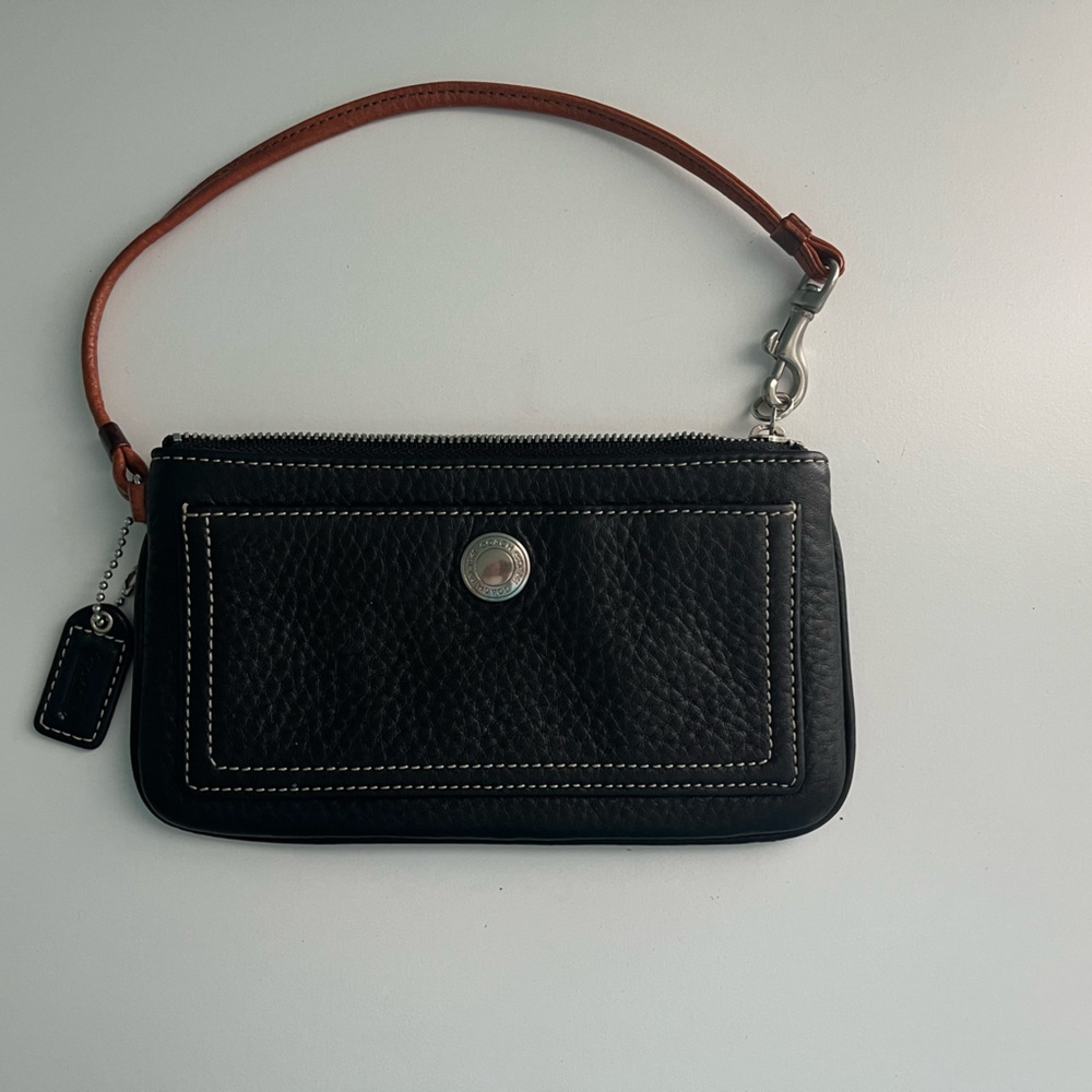 Coach Black Leather Wristlet with Brown Strap
